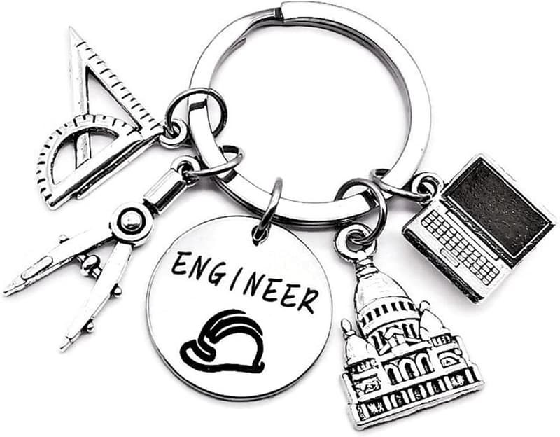 Engineering Graduation Keychain with Ruler and Helmet Charm