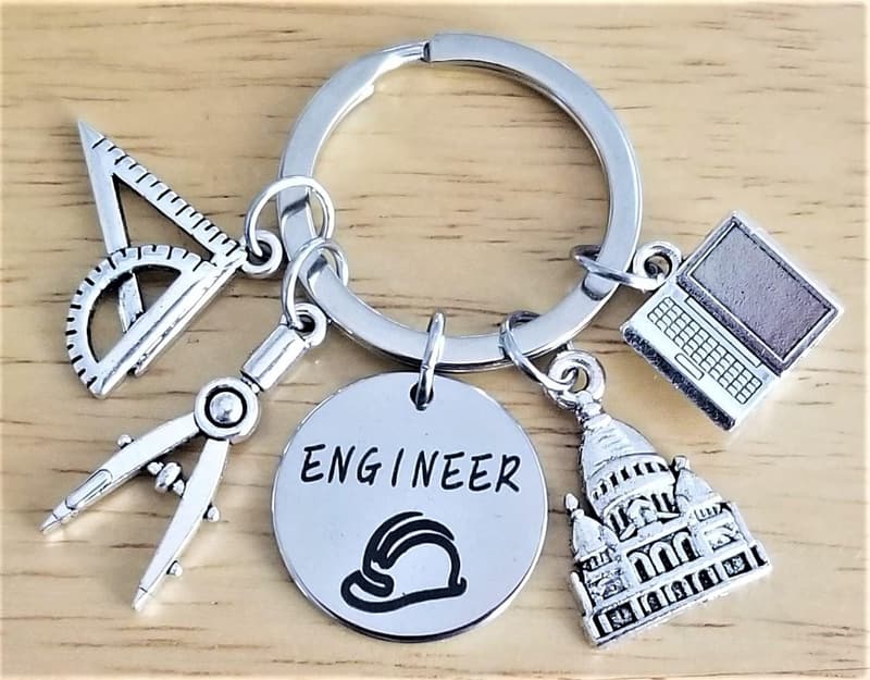 Engineering Graduation Keychain with Ruler and Helmet Charm