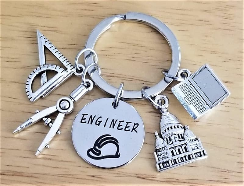 Engineering Graduation Keychain with Ruler and Helmet Charm