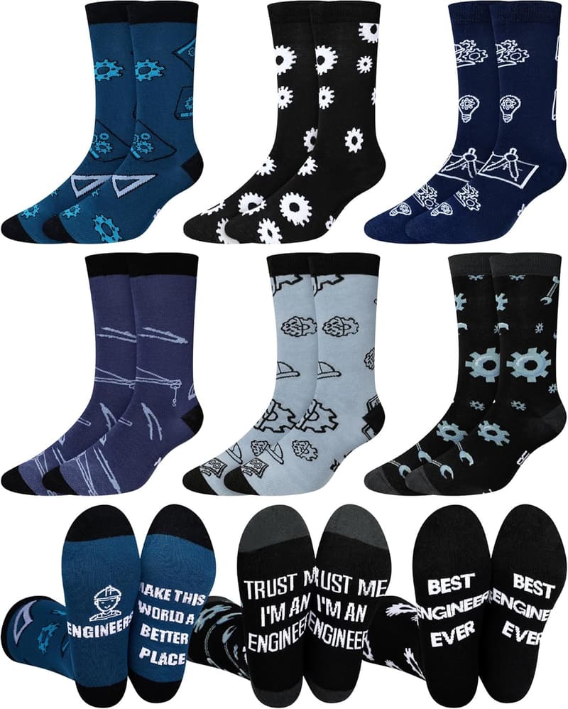 Funny Engineer Crew Socks - 6 Pairs Gift for Dads & Grandpas