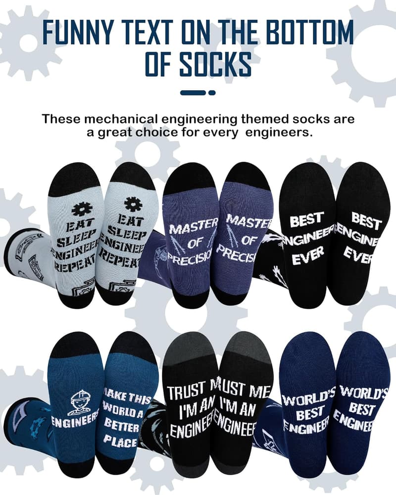 Funny Engineer Crew Socks - 6 Pairs Gift for Dads & Grandpas