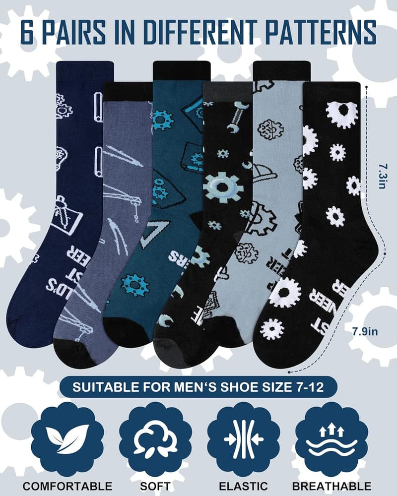 Funny Engineer Crew Socks - 6 Pairs Gift for Dads & Grandpas