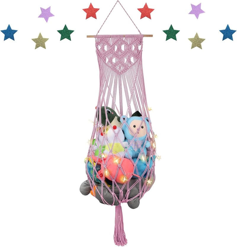 Light Pink Macrame Stuffed Animal Hammock for Kid Rooms