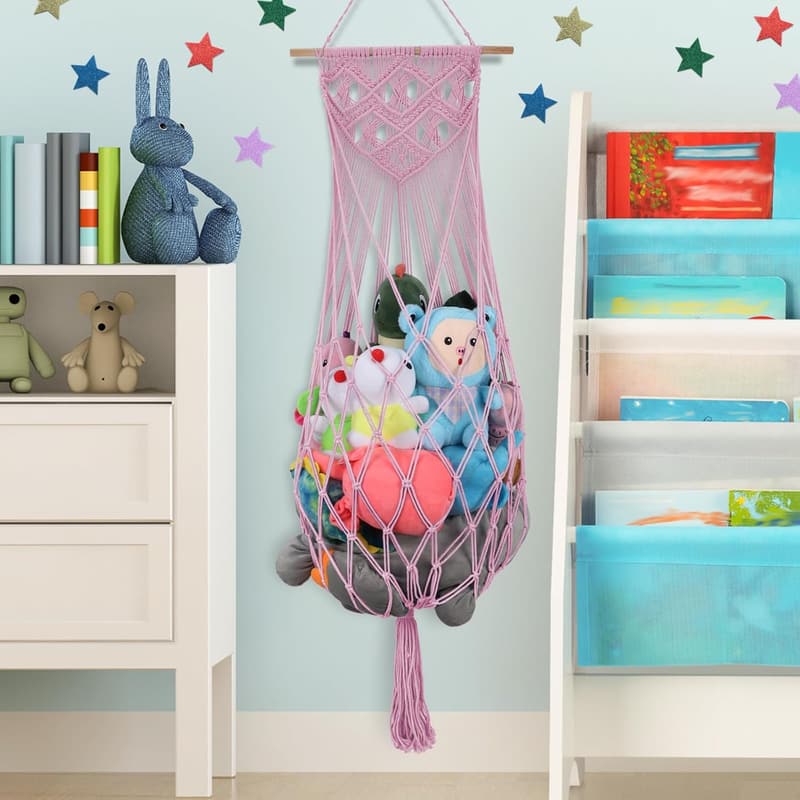 Light Pink Macrame Stuffed Animal Hammock for Kid Rooms