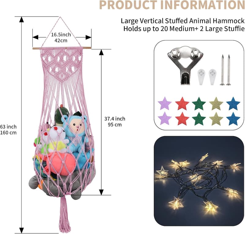Light Pink Macrame Stuffed Animal Hammock for Kid Rooms