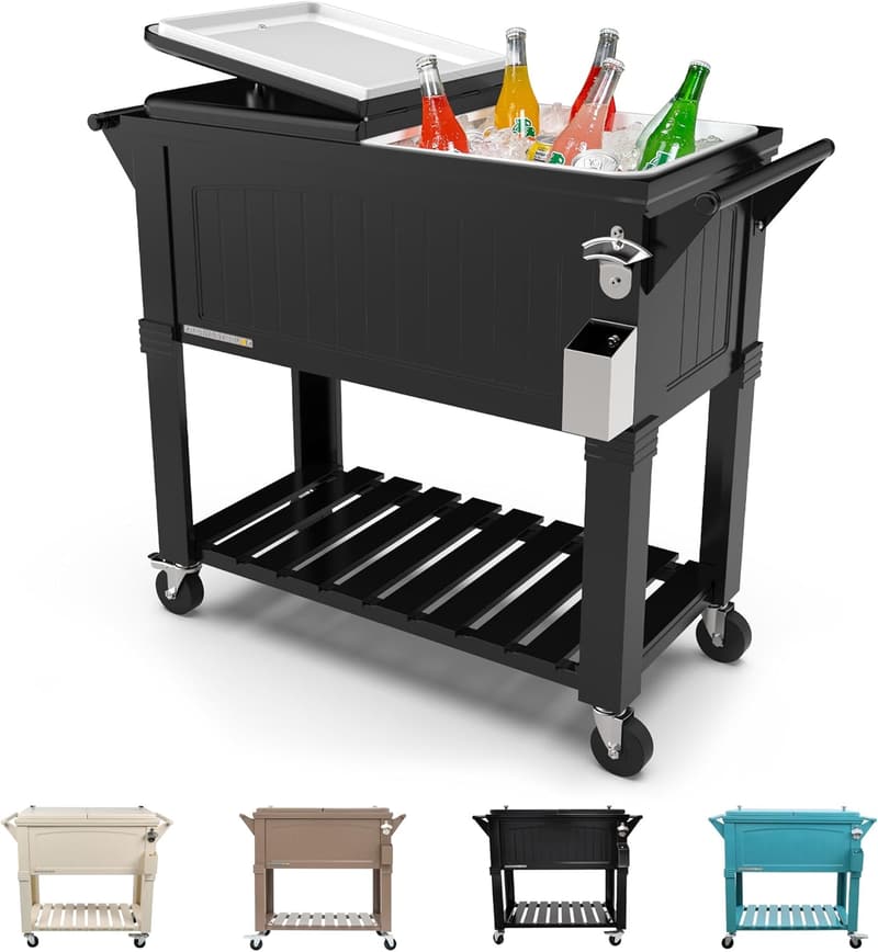 Outdoor Beverage Cooler with Wheels and Teak Accent - 80 Qt