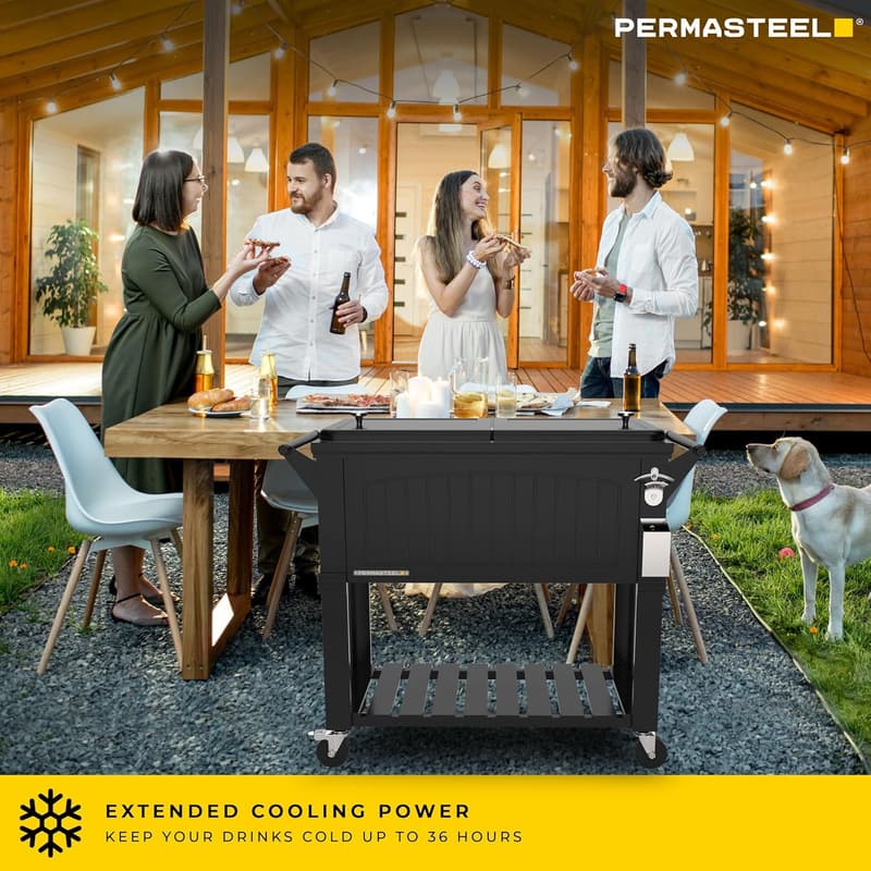 Outdoor Beverage Cooler with Wheels and Teak Accent - 80 Qt