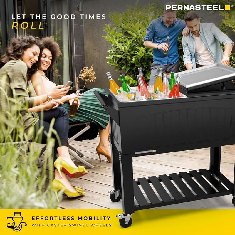 Outdoor Beverage Cooler with Wheels and Teak Accent - 80 Qt