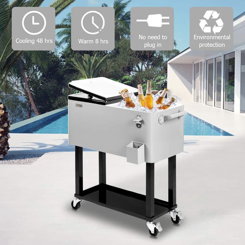 Portable 80 Quart Rolling Ice Chest with Shelf and Bottle Opener