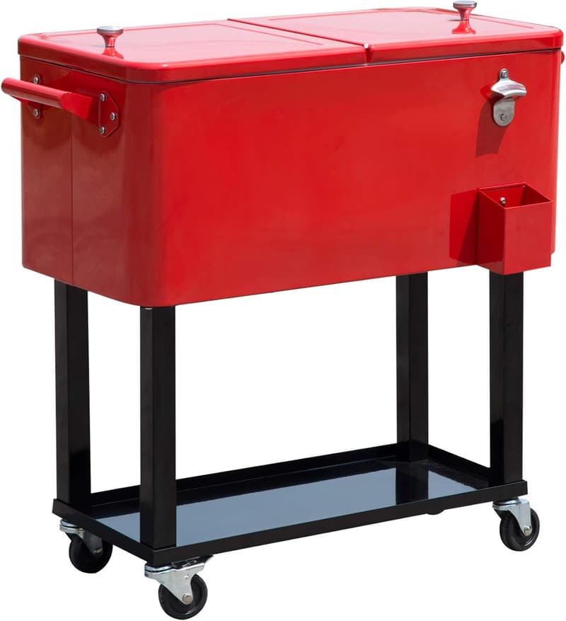 Outdoor Rolling Cooler Cart - 80 QT Red Ice Chest for Parties