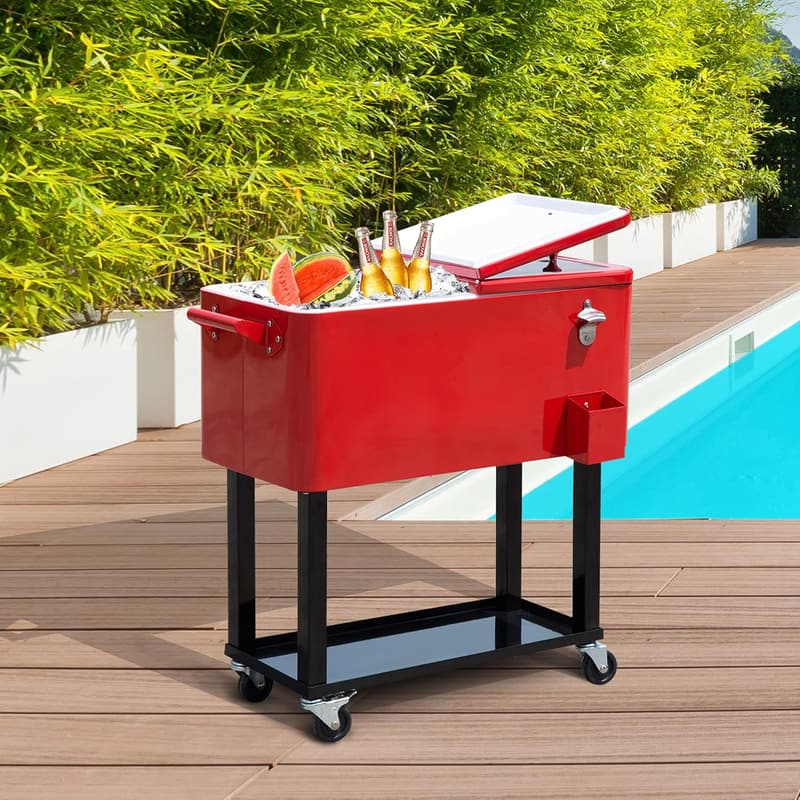 Outdoor Rolling Cooler Cart - 80 QT Red Ice Chest for Parties