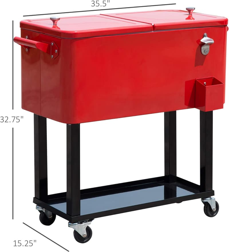 Outdoor Rolling Cooler Cart - 80 QT Red Ice Chest for Parties