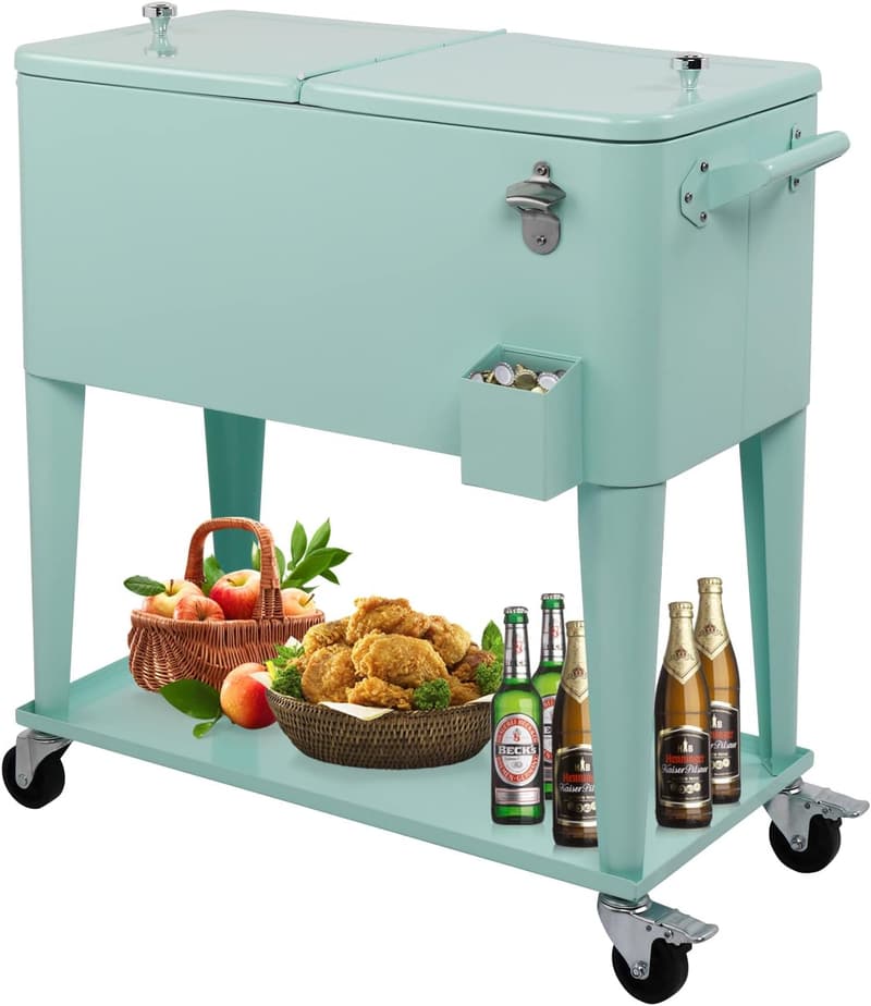 Patio Party 80 Quart Rolling Cooler Cart with Shelf & Opener