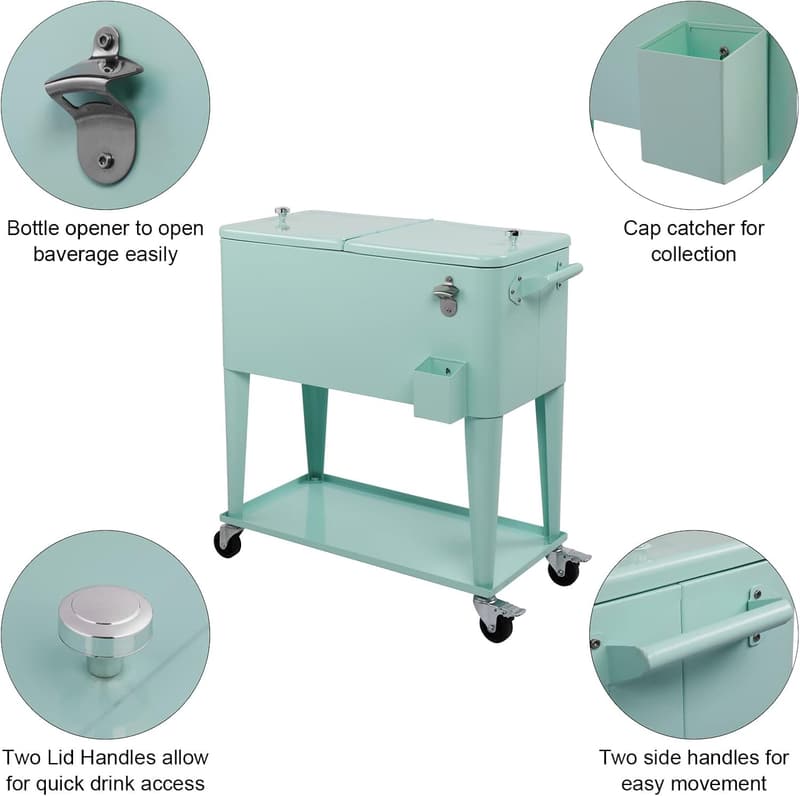 Patio Party 80 Quart Rolling Cooler Cart with Shelf & Opener