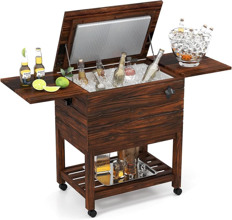 Outdoor Beverage Cart with 54 Quart Cooler & Drop Leaf Tables