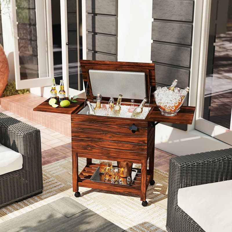 Outdoor Beverage Cart with 54 Quart Cooler & Drop Leaf Tables