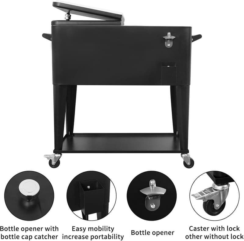 Outdoor Rolling Cooler Cart with Wheels - 80QT Beverage Storage