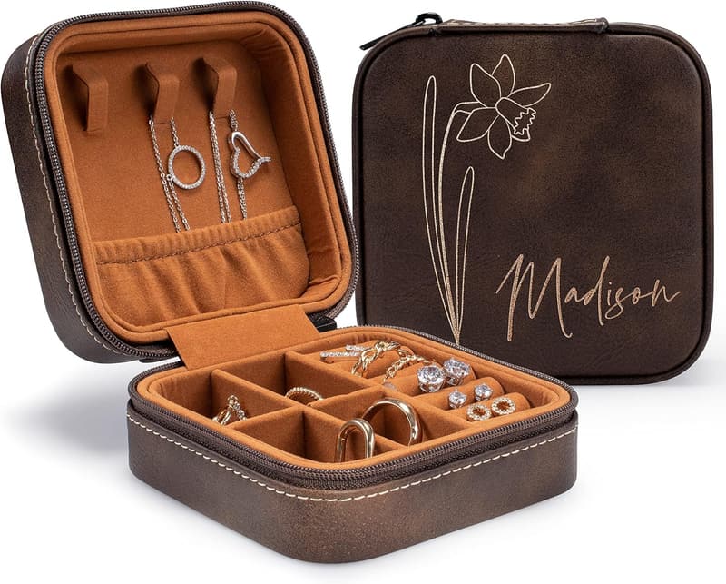 Personalized Leather Jewelry Box with Birth Flower - Birthday Gift for Women