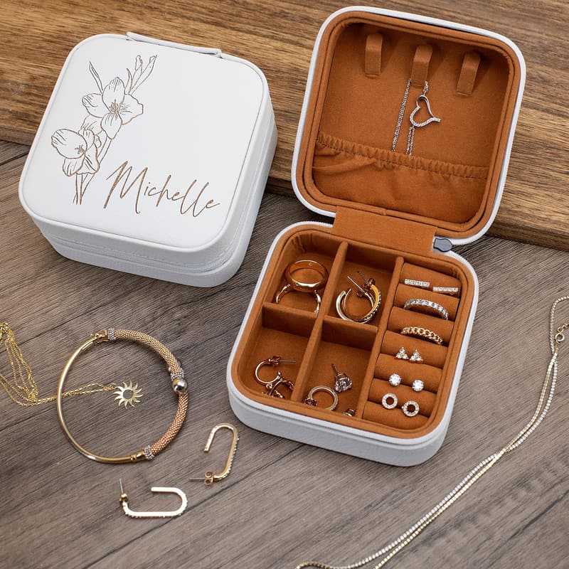 Personalized Leather Jewelry Box with Birth Flower - Birthday Gift for Women