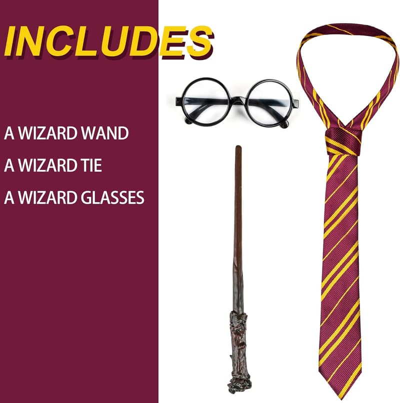 Halloween Wizard Costume Accessories Set - Nerd Glasses, Tie & Wand