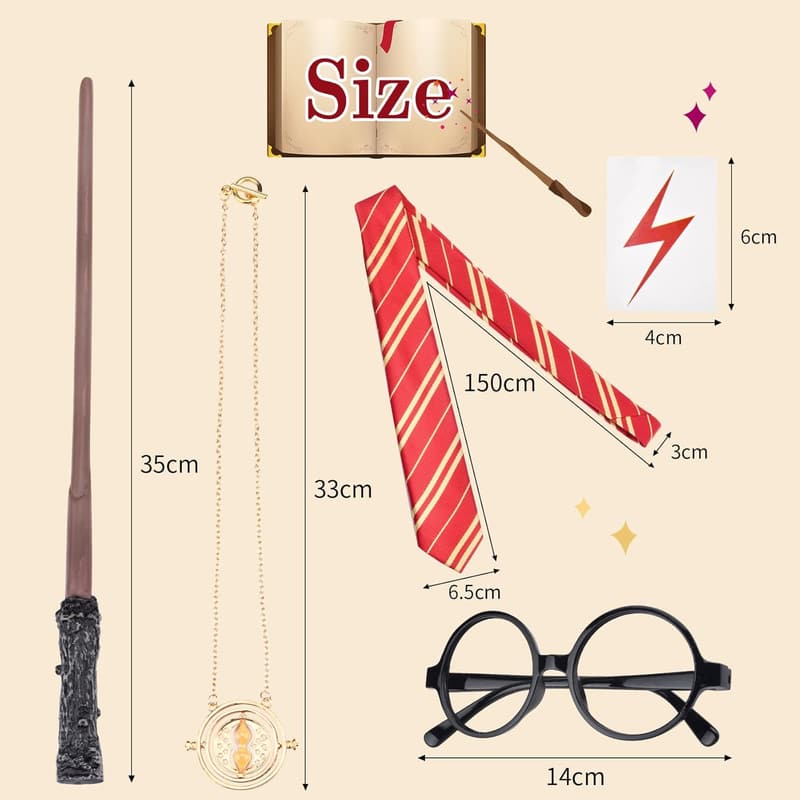 Wizard Costume Accessories Set - Magic Wand, Tie, Necklace & Glasses