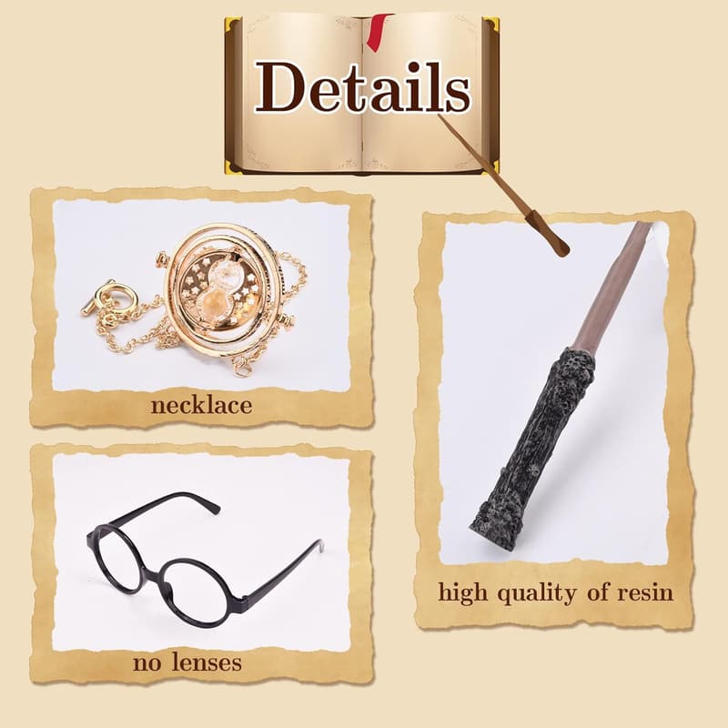 Wizard Costume Accessories Set - Magic Wand, Tie, Necklace & Glasses