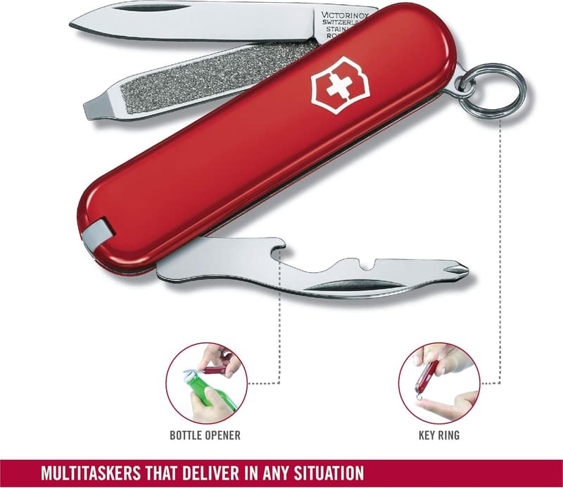 Swiss Army Knife with 9 Functions and Key Ring - Red