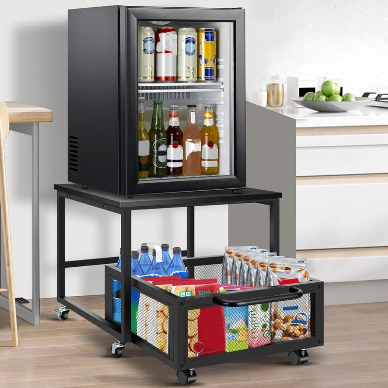 Black Mini Fridge Cart with Storage and Wheels for Kitchen/Office