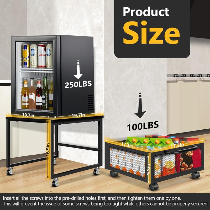 Black Mini Fridge Cart with Storage and Wheels for Kitchen/Office