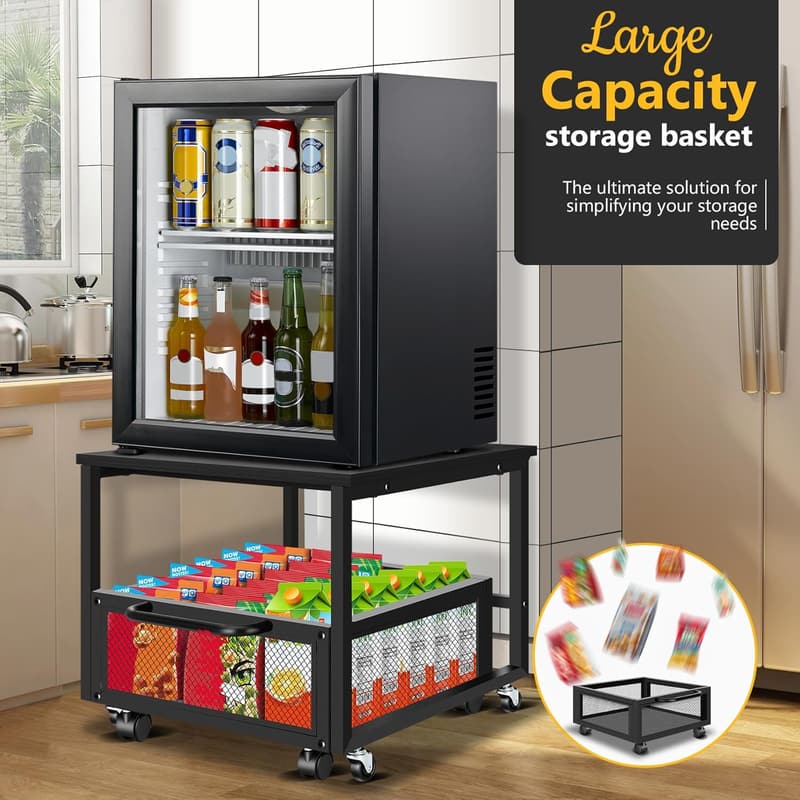 Black Mini Fridge Cart with Storage and Wheels for Kitchen/Office