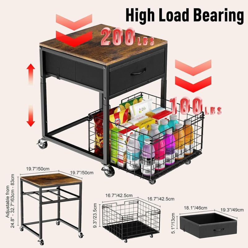 Height-Adjustable Mobile Mini Fridge Stand with Storage