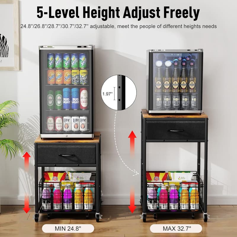 Height-Adjustable Mobile Mini Fridge Stand with Storage