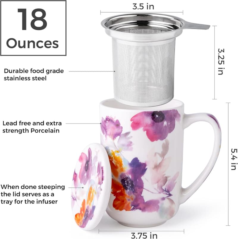 Porcelain Tea Mug with Infuser & Lid – 18 Oz, Ideal Gift for Weddings