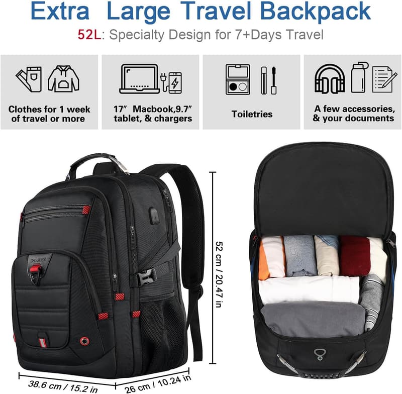 Extra Large 52L Travel Laptop Backpack with USB Port - Water Resistant