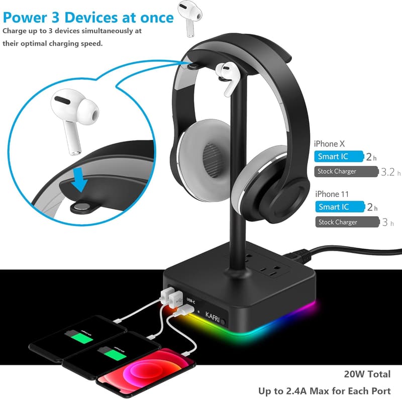 RGB Headphone Stand with USB Charger - Gamer Desk Rack