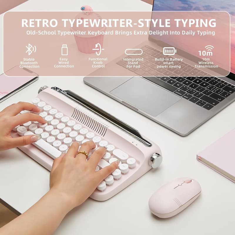 Retro Wireless Typewriter Keyboard with Round Keycaps - Baby Pink
