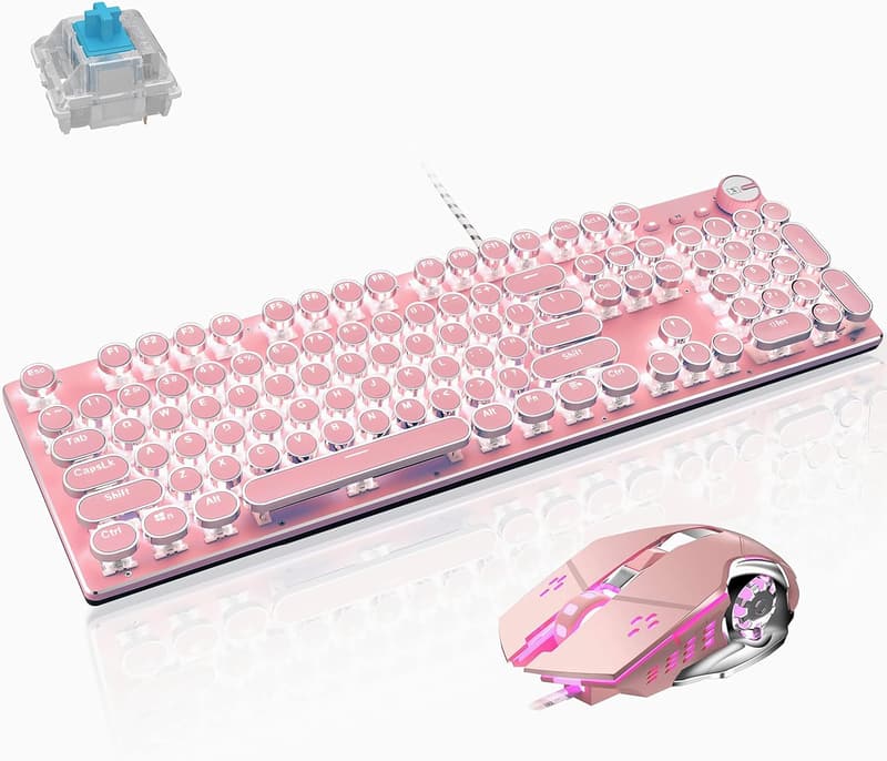 Retro Steampunk Gaming Keyboard & Mouse Combo, Pink