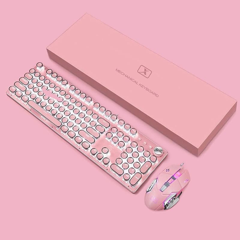 Retro Steampunk Gaming Keyboard & Mouse Combo, Pink