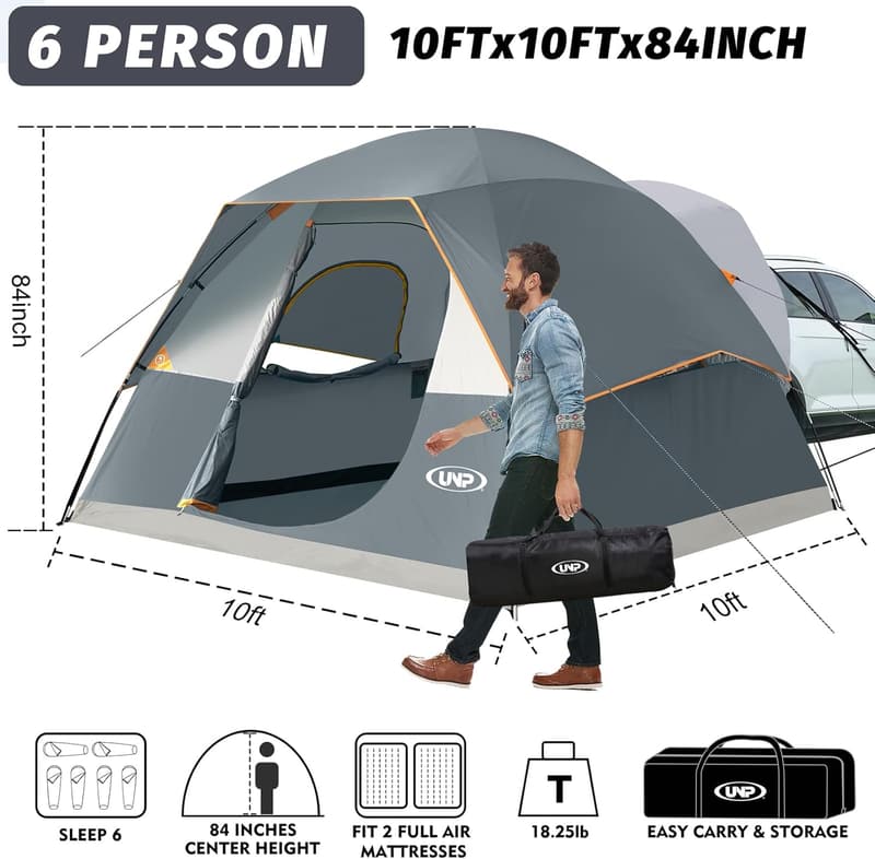 SUV Camping Dome Tent for 6 with Rainfly - Easy Setup