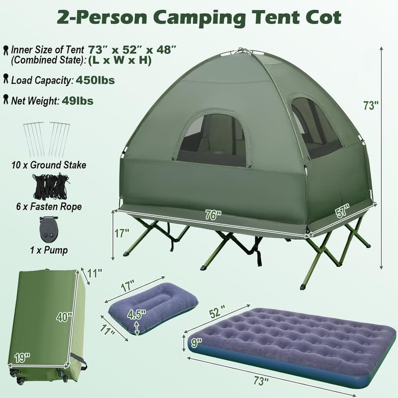 2-Person Camping Cot with Air Mattress & Sleeping Bags