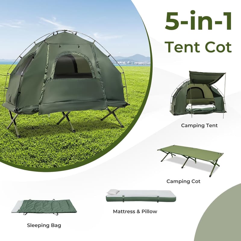 5-in-1 Camping Cot with Mattress & Pillows for Outdoor Adventures