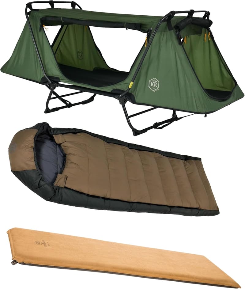 Camping Gear Bundle: Tent Cot, Sleeping Bag & Pad for 1 Person