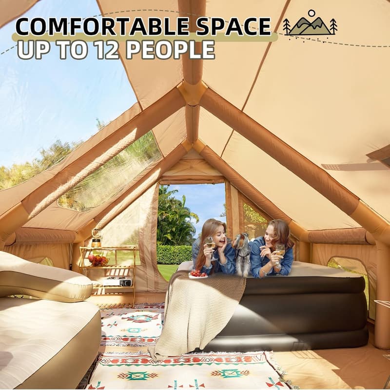 4-Season Inflatable Camping Tent for 4-12 Persons with Skylight