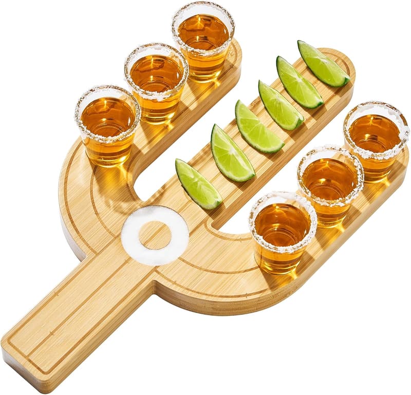 Tequila Gift Set: Bamboo Tray with Shot Glasses & Lemon Bowl