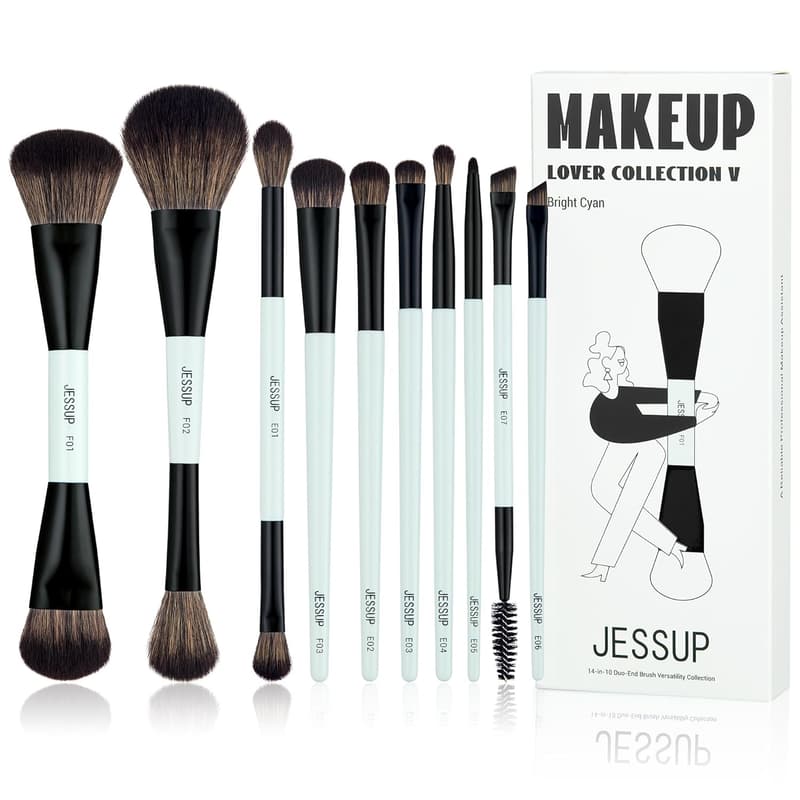 Jessup 10-Piece Cruelty-Free Makeup Brush Set - Bright Cyan