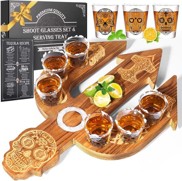 Tequila Shot Board Set with 6 Skull Glasses for Enthusiasts