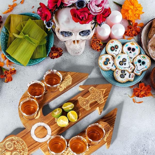 Tequila Shot Board Set with 6 Skull Glasses for Enthusiasts