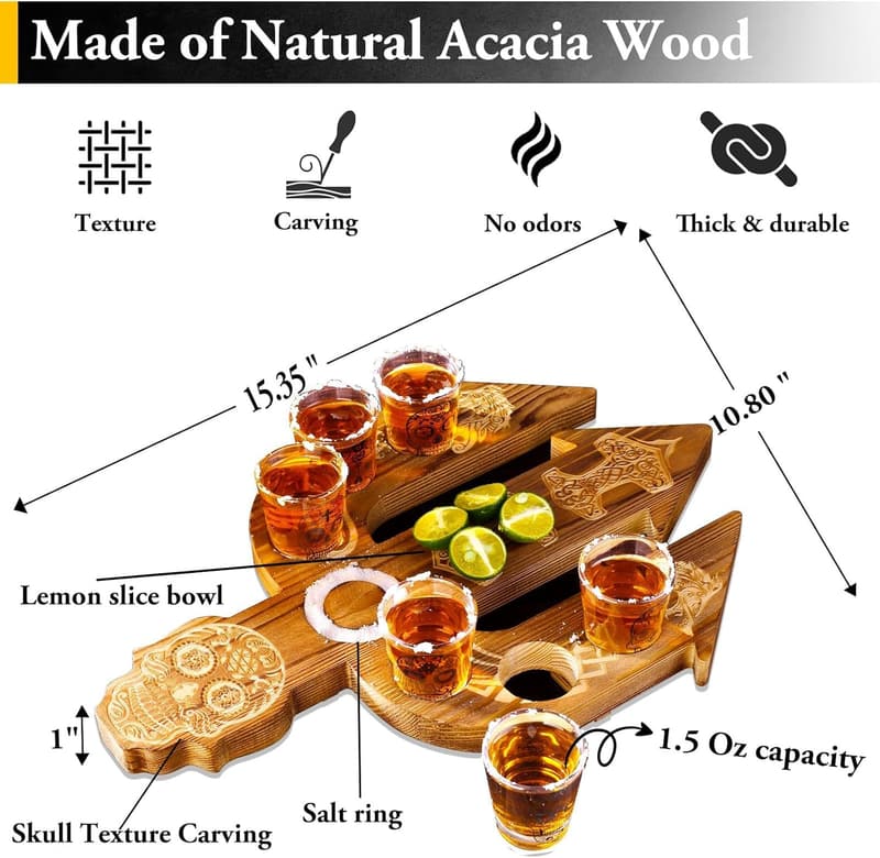 Tequila Shot Board Set with 6 Skull Glasses for Enthusiasts