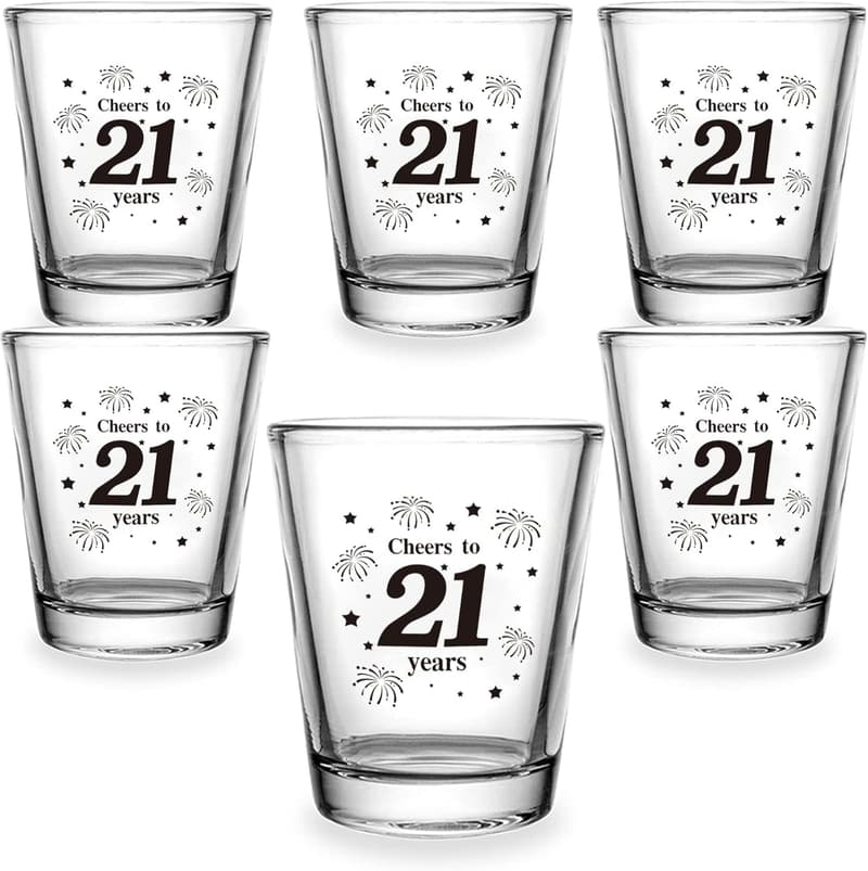 21st Birthday Shot Glass Set - 6 Clear Glasses, 1.5 oz