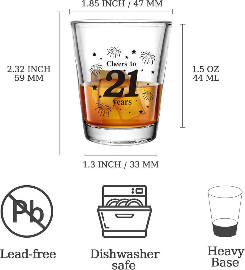 21st Birthday Shot Glass Set - 6 Clear Glasses, 1.5 oz